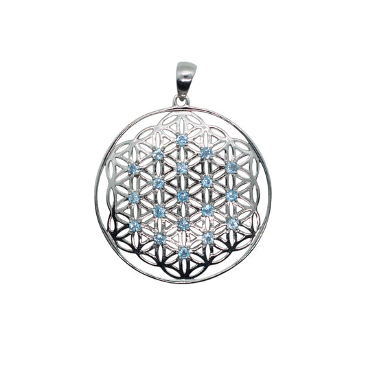 Swiss Blue Topaz L Flower of Life Sterling Silver Necklace