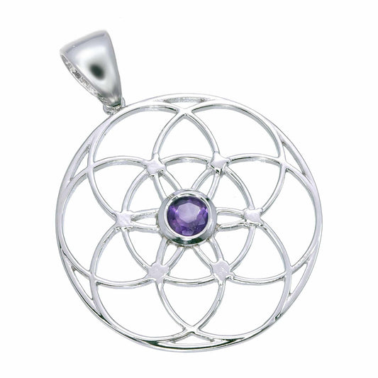 Amethyst Sterling Silver Seed of Life Pendant 40 mm
