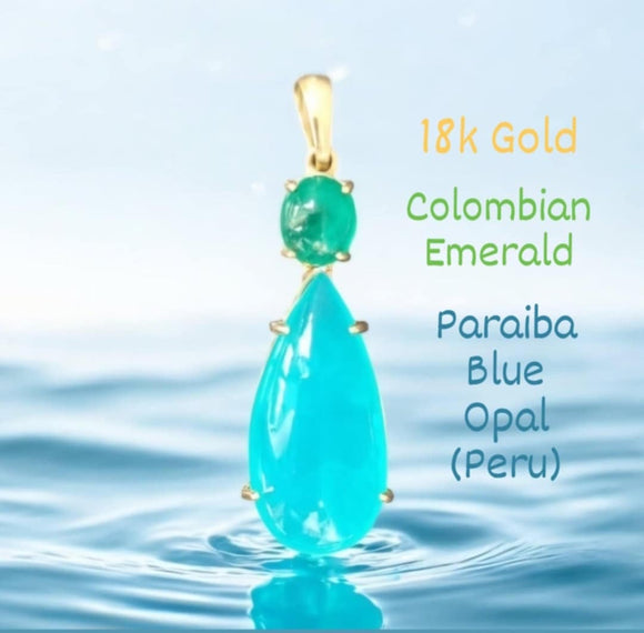 18k Gold Blue Opal & Emerald pendant