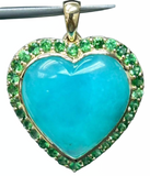 18k Gold Peruvian Blue Opal and Tsavorite Heart Pendant