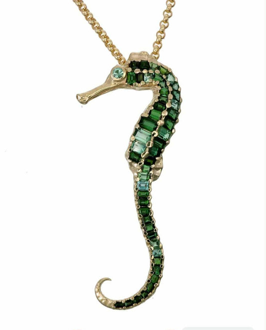 9k Gold 3" tall Tourmaline Seahorse Pendant