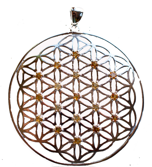 I Am Joy Citrine X-Large Sterling Silver Flower of Life Pendant