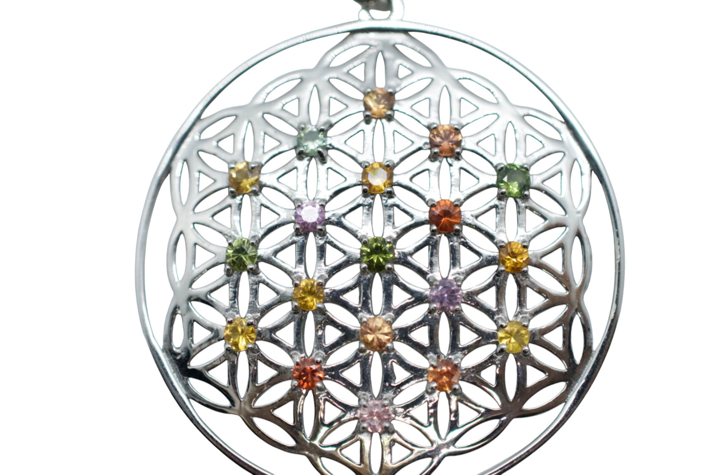 Rainbow Sapphire Silver Flower of Life Necklace