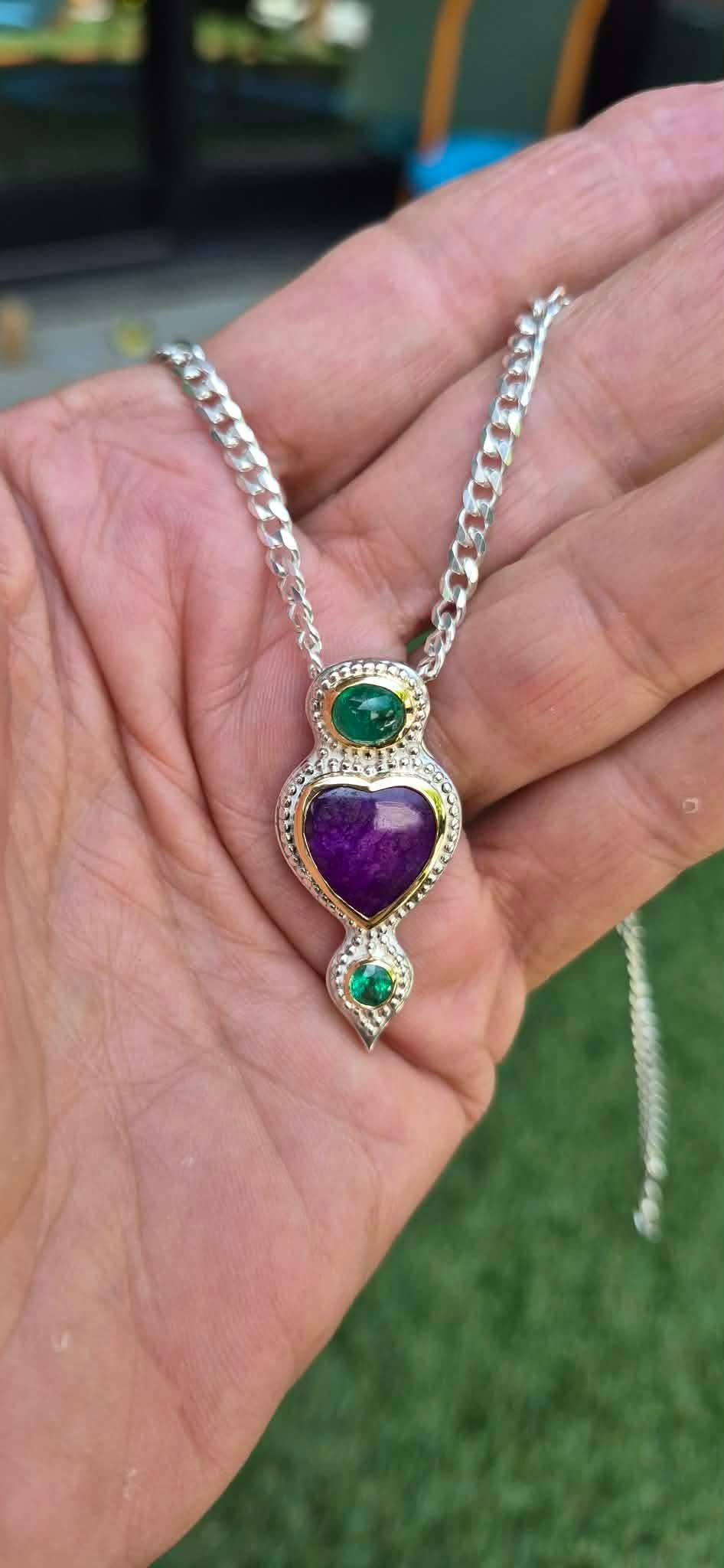 One-of-a-kind emerald and sugilite heart pendant on sterling silver chain