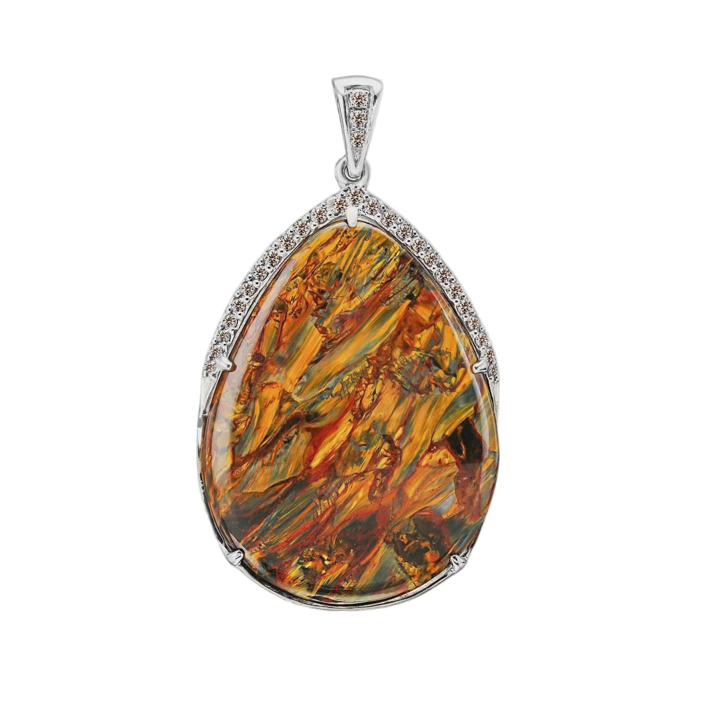 Teardrop-shaped amber pendant with silver frame on a white background