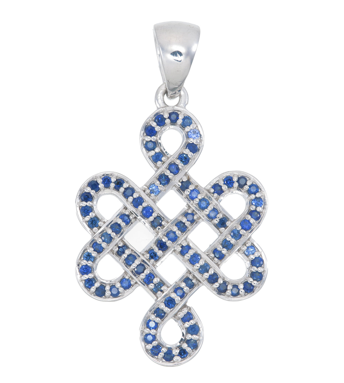A sterling silver pendant featuring an intricate knot design paved with round blue gemstones, set against a plain white background.
