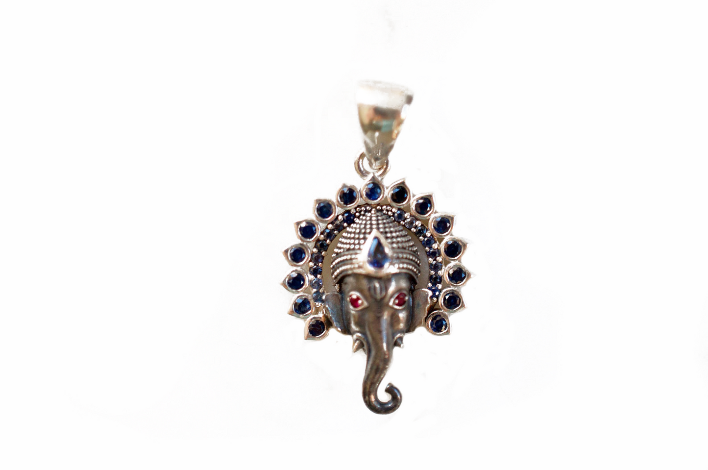 Small Jai Ganesha Sterling Silver Pendant with Rubies and Blue Sapphires