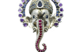 Ganesha Necklace with 108 Amethysts, Rubies, and Blue Sapphires in Sterling Silver