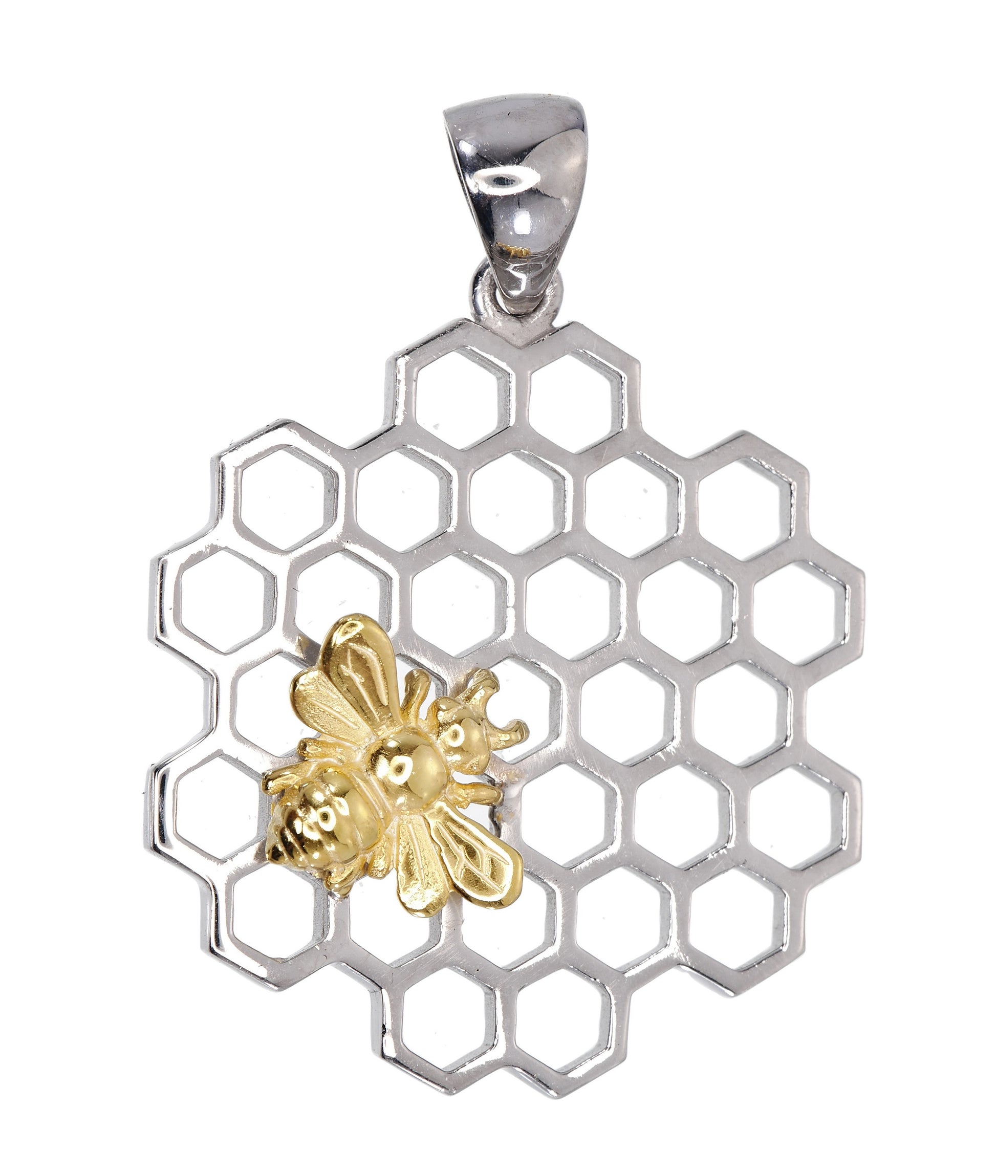 Pendant with silver honeycomb design and gold bee on a white background
