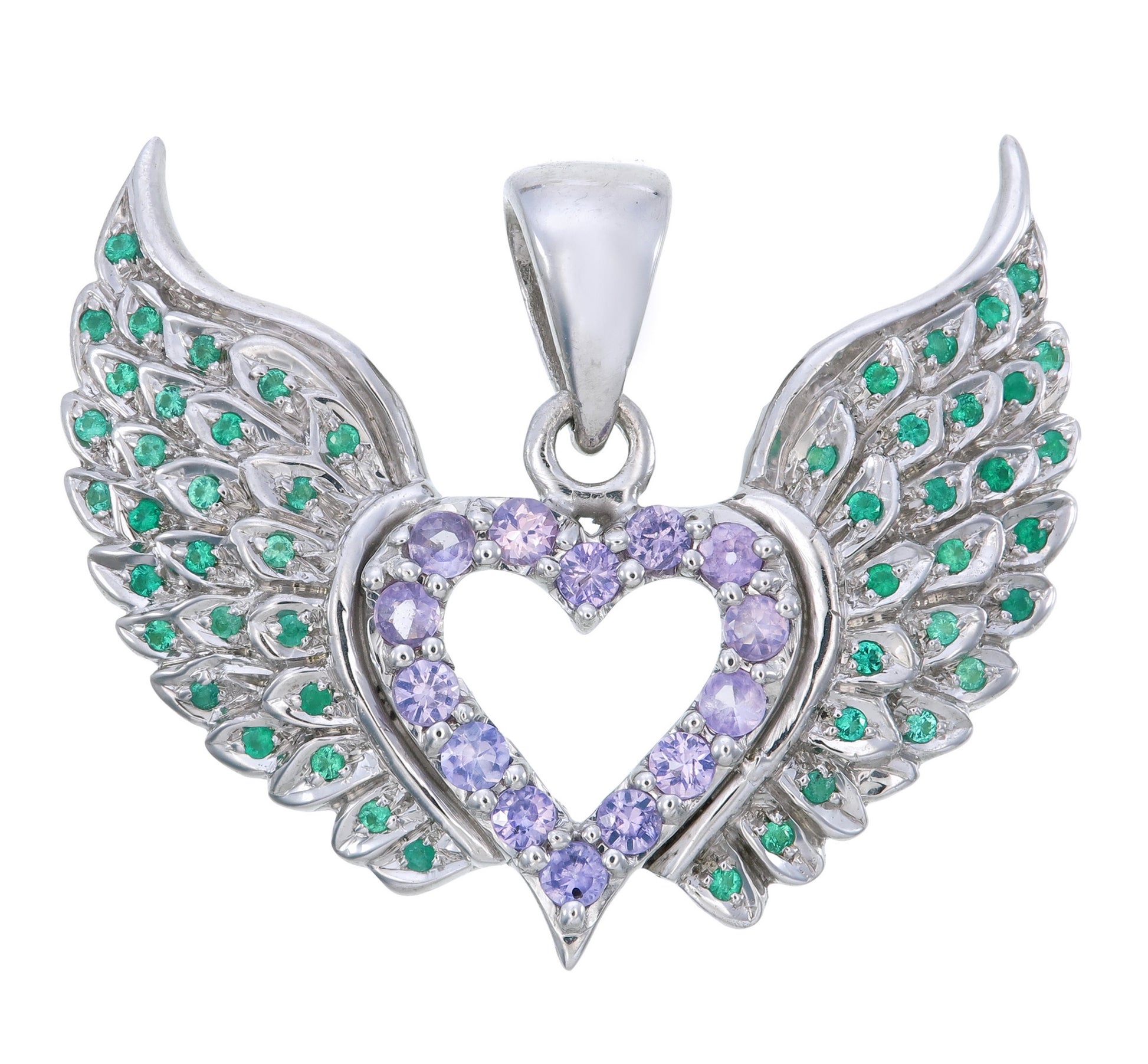 Sapphire Heart & Emerald Angel Wings Pendant Necklace | Sterling Silver | Jai 108 Presents