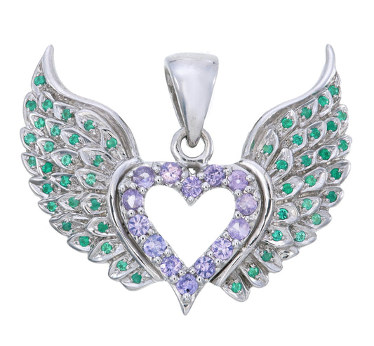 Sapphire Heart & Emerald Angel Wings Pendant Necklace | Sterling Silver | Jai 108 Presents