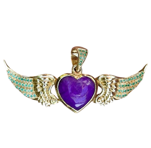 18k Gold Heart and Wings w/ Sugilite & Emeralds Pendant