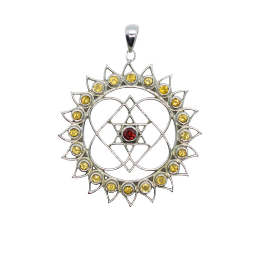 Heart Lotus Mandala Citrine & Garnet Silver Necklace