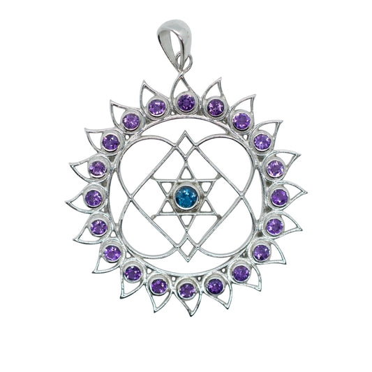 Heart Lotus Mandala Amethyst & Topaz Silver Necklace