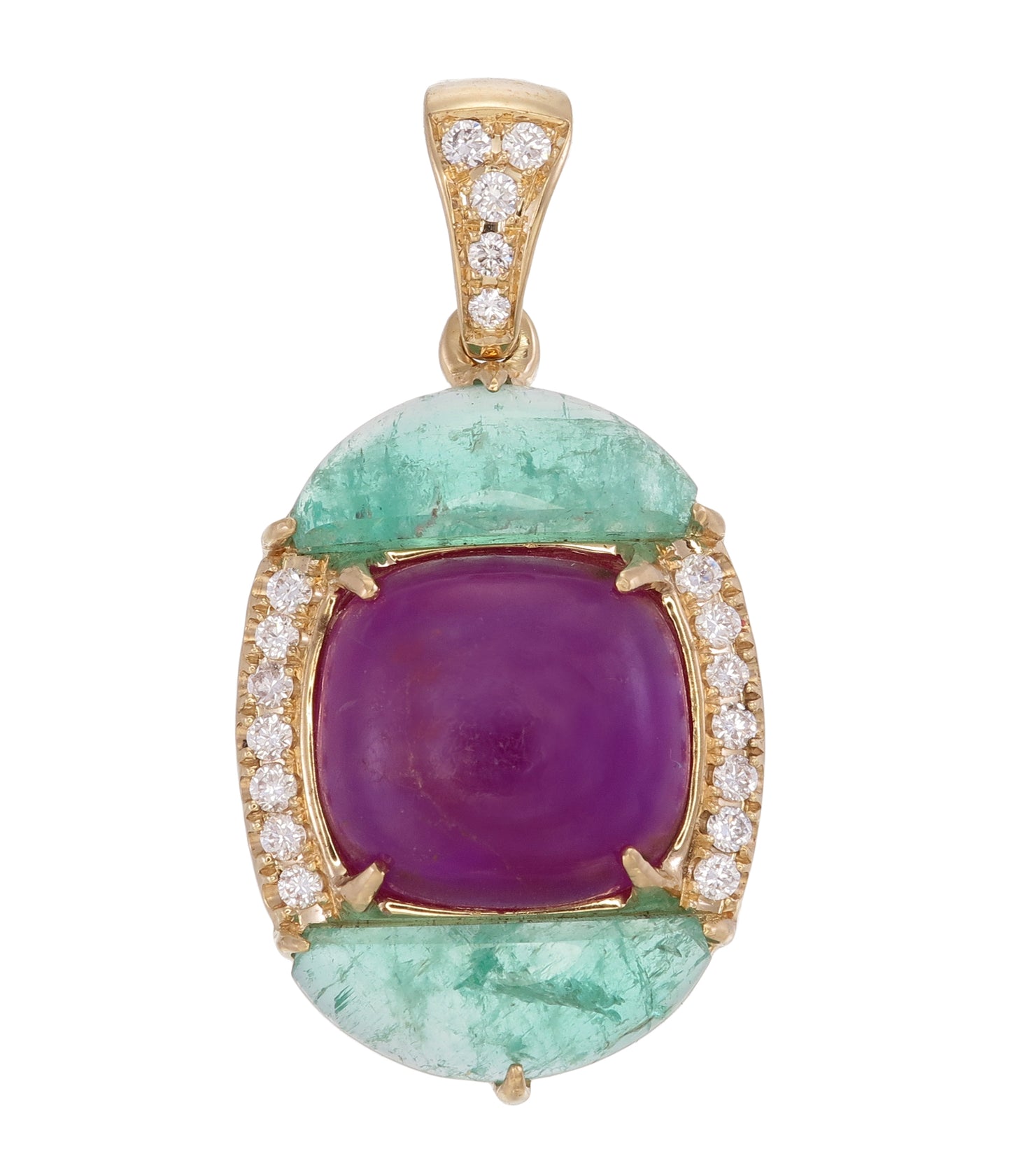 18K Gold Sugilite, Emerald, & Diamond Pendant