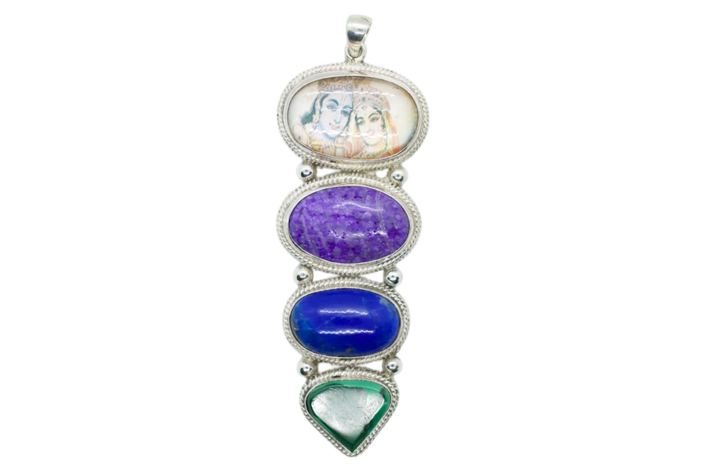 Krishna Quartz, Charoite, Lapis Lazuli, & Malachite Sterling Silver Necklace