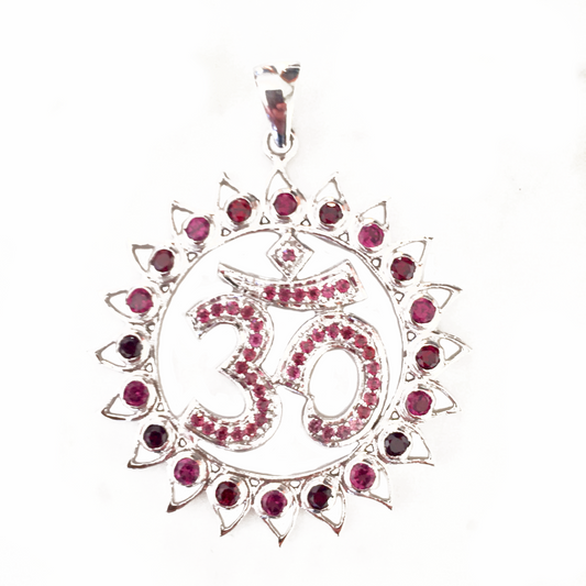 Om Shanti Lotus Gemmed Sterling Silver Pendant Garnet & Pink Tourmaline