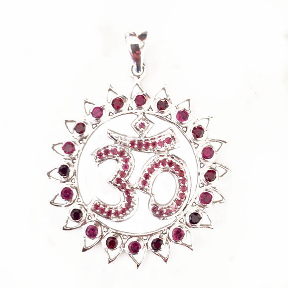 Om Shanti Lotus Gemmed Sterling Silver Pendant Garnet & Pink Tourmaline