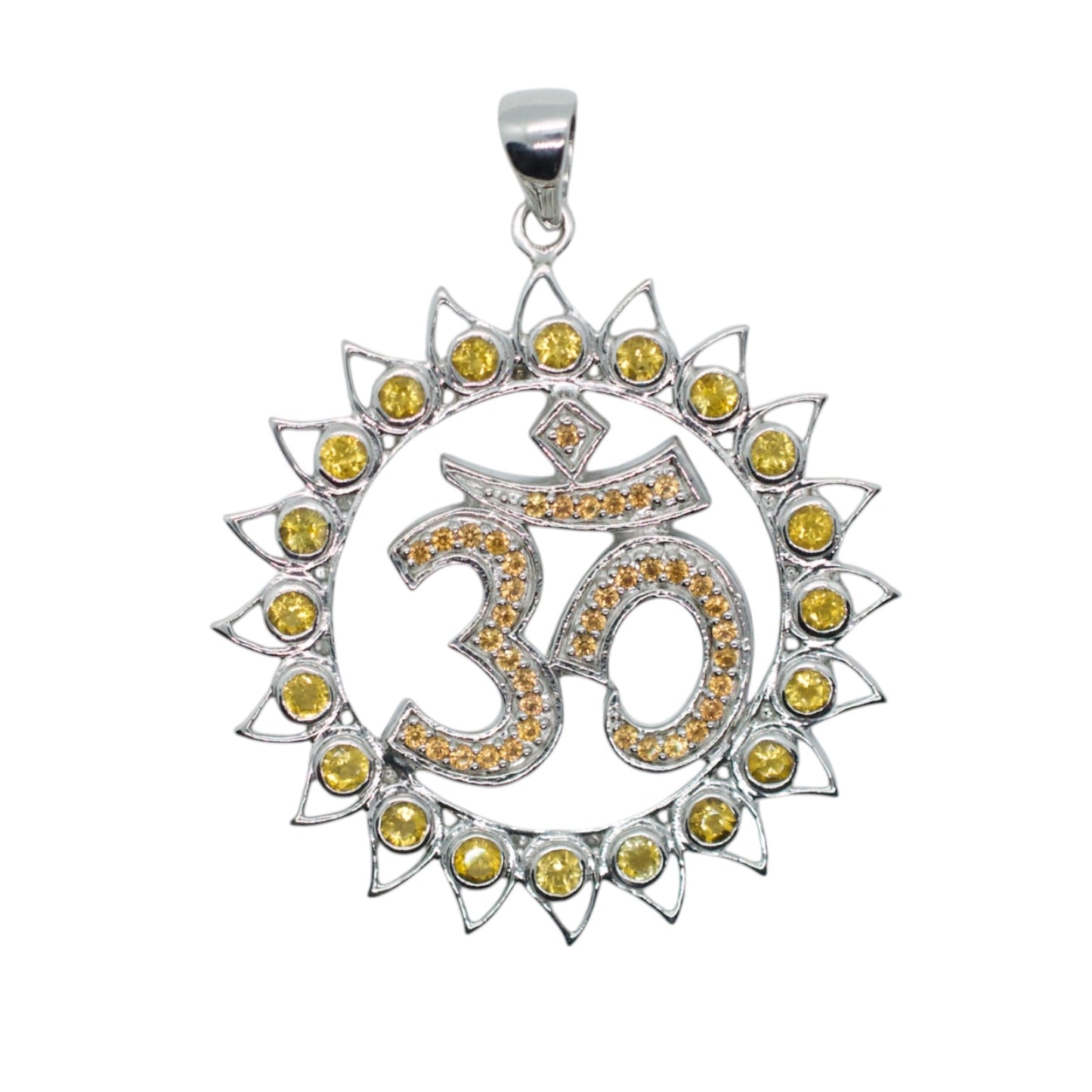 A sterling silver pendant featuring the sacred syllable 'Om' symbol surrounded by yellow gemstones, with a citrine in the center.