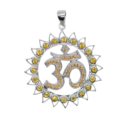 A sterling silver pendant featuring the sacred syllable 'Om' symbol surrounded by yellow gemstones, with a citrine in the center.