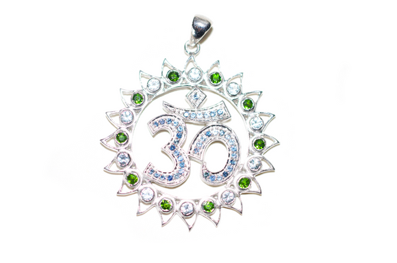 Om Shanti Lotus Chrome Diopside, Aquamarine, & Blue Sapphire Sterling Silver Pendant