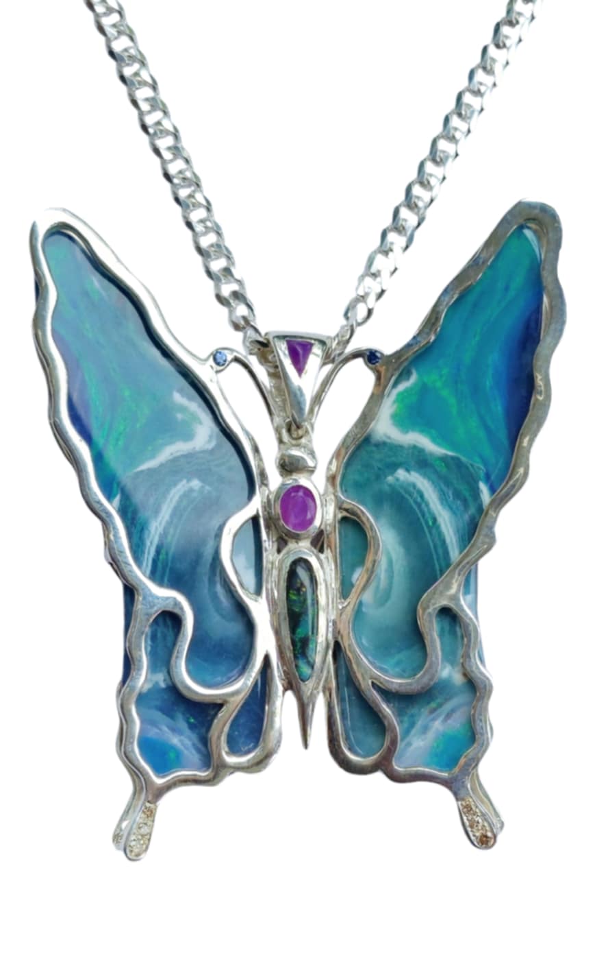 Boulder Opal & Sugilite Silver Butterfly Necklace