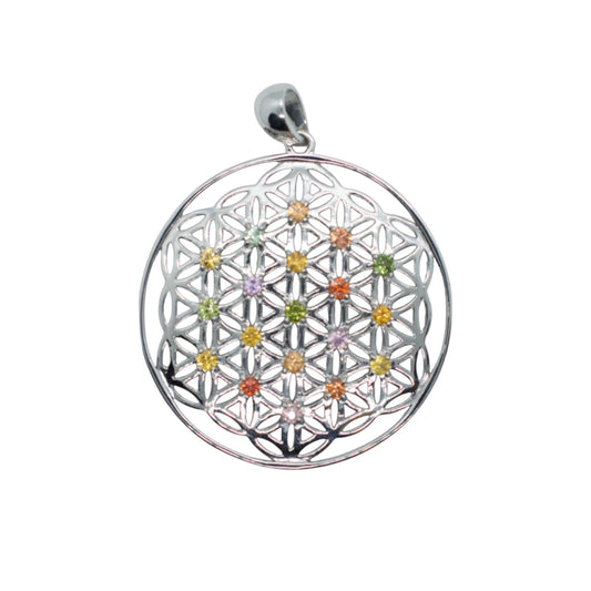 Rainbow Sapphire Silver Flower of Life Necklace