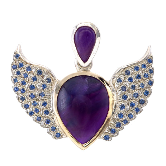 Jewelry pendant with purple stones and blue accents on a white background