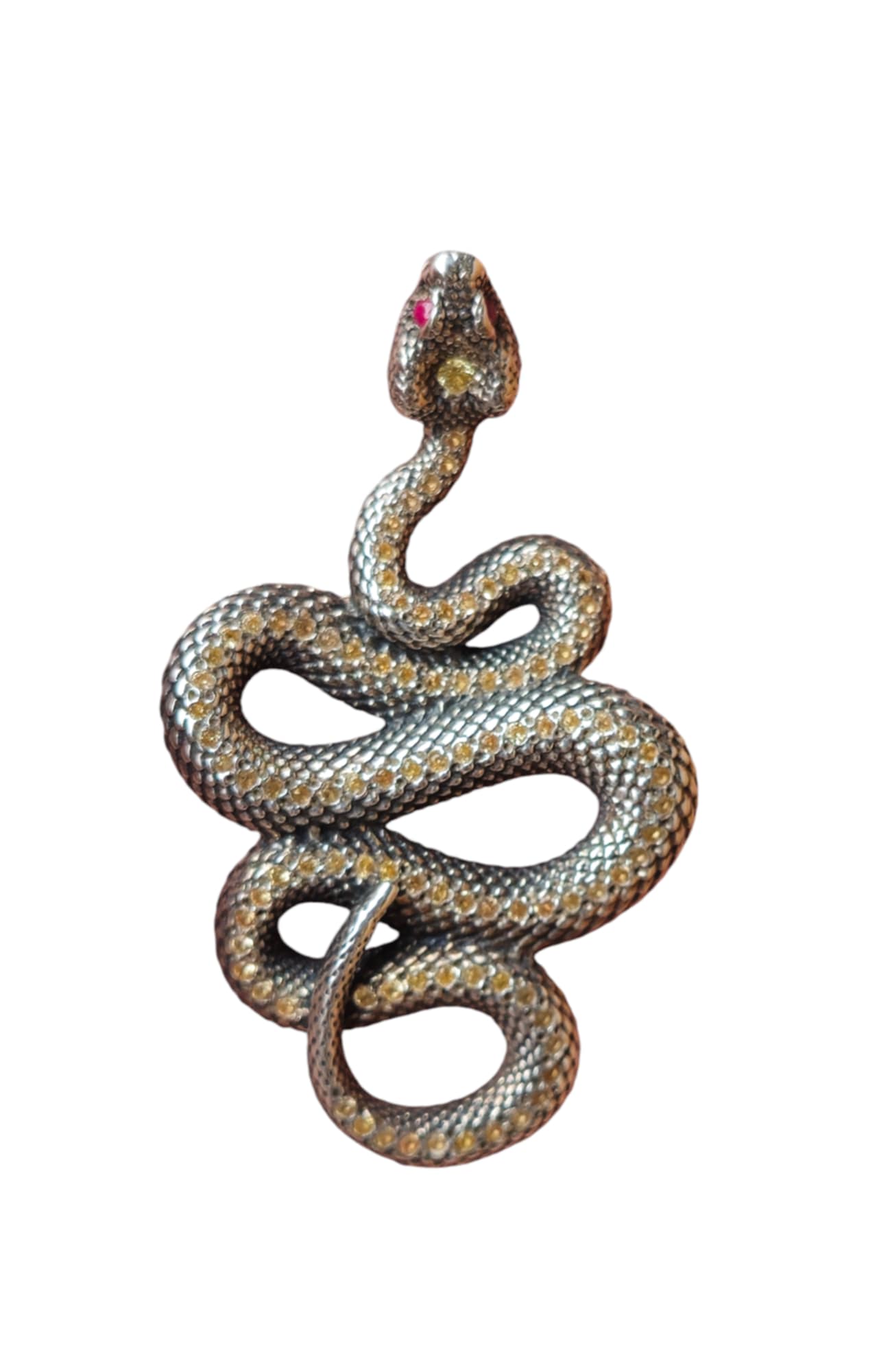 Yellow Sapphire & Ruby Eyed Sterling Silver Snake Serpent Necklace