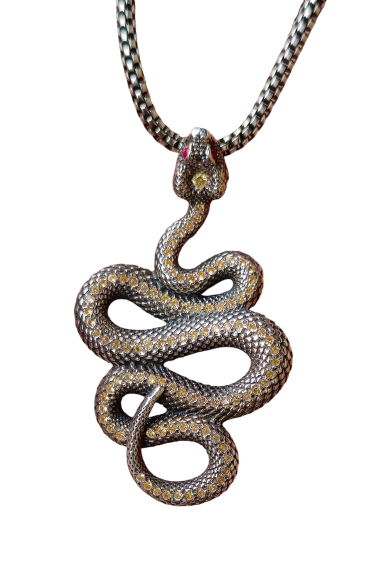 Yellow Sapphire & Ruby Eyed Sterling Silver Snake Serpent Necklace