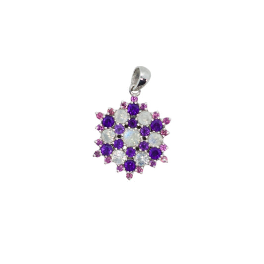 Thompson Peak Amethyst, Rainbow Moonstone, Rhodolite Garnet Sterling Silver Snowflake Necklace