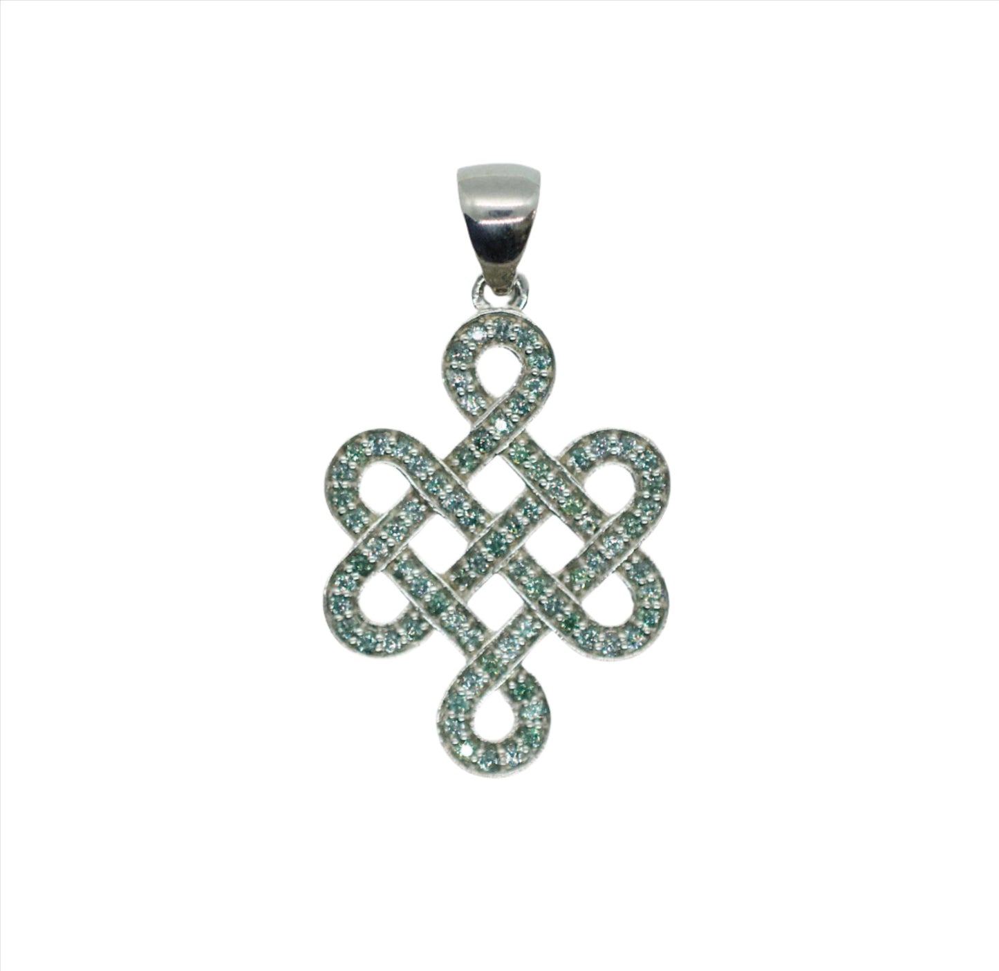 A sterling silver pendant necklace featuring a green sapphire endless knot design.