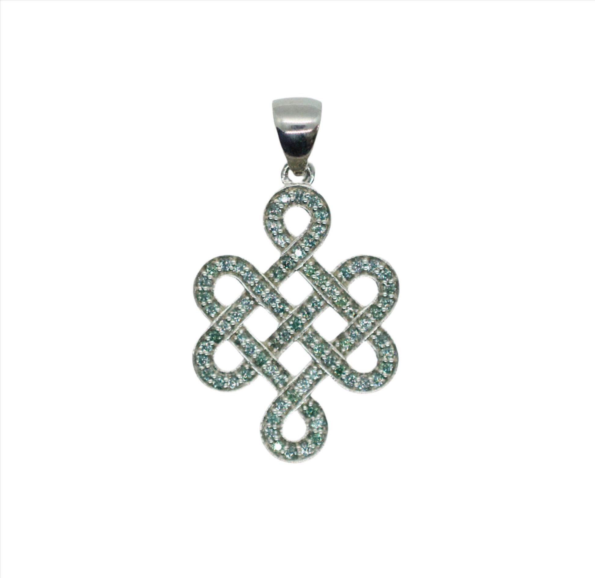 A sterling silver pendant necklace featuring a green sapphire endless knot design.