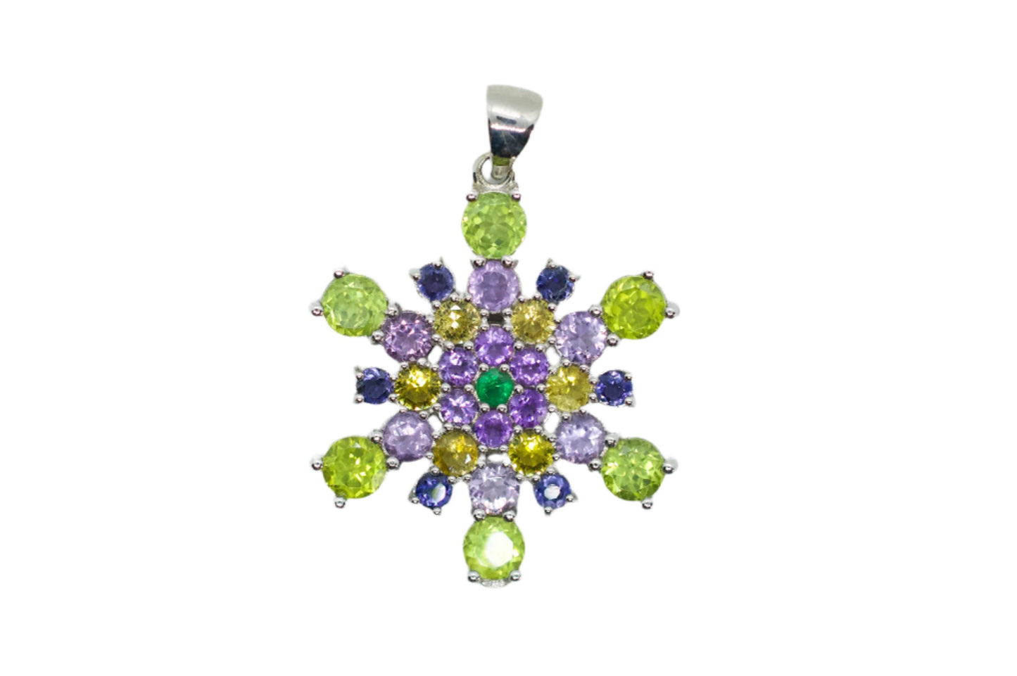 A sterling silver necklace with a snowflake pendant featuring faceted amethyst and peridot gemstones.
