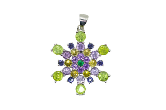 A sterling silver necklace with a snowflake pendant featuring faceted amethyst and peridot gemstones.