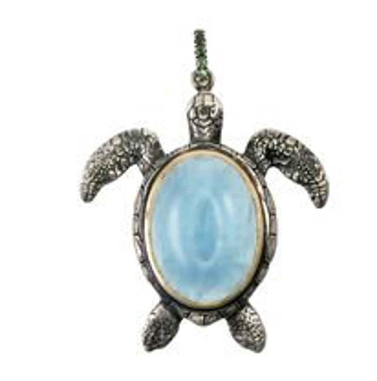 A silver turtle-shaped pendant with a blue aquamarine centerpiece, attached to a silver chain.