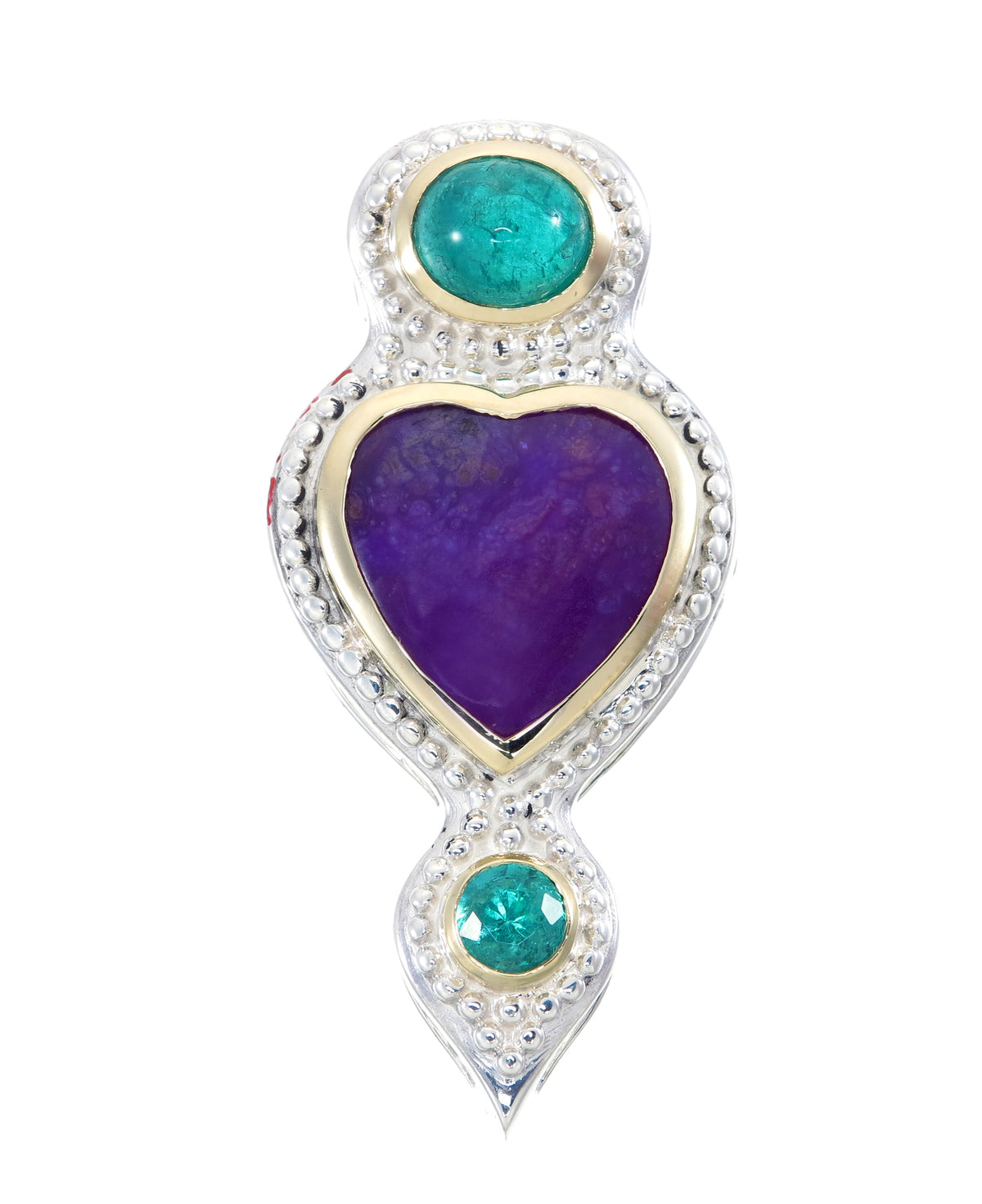 Muzo Colombian emerald and purple sugilite heart pendant with Zambian emerald, 18k gold bezels, sterling silver