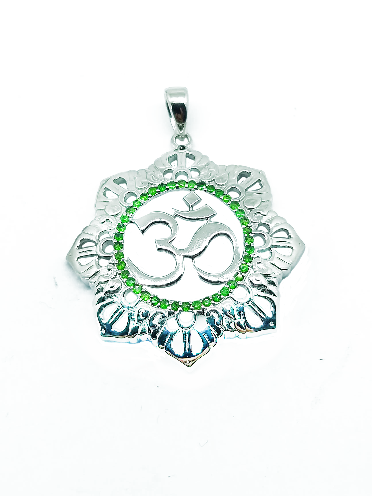 Gayatri Om Tsavorite Sterling Silver Pendant or Necklace