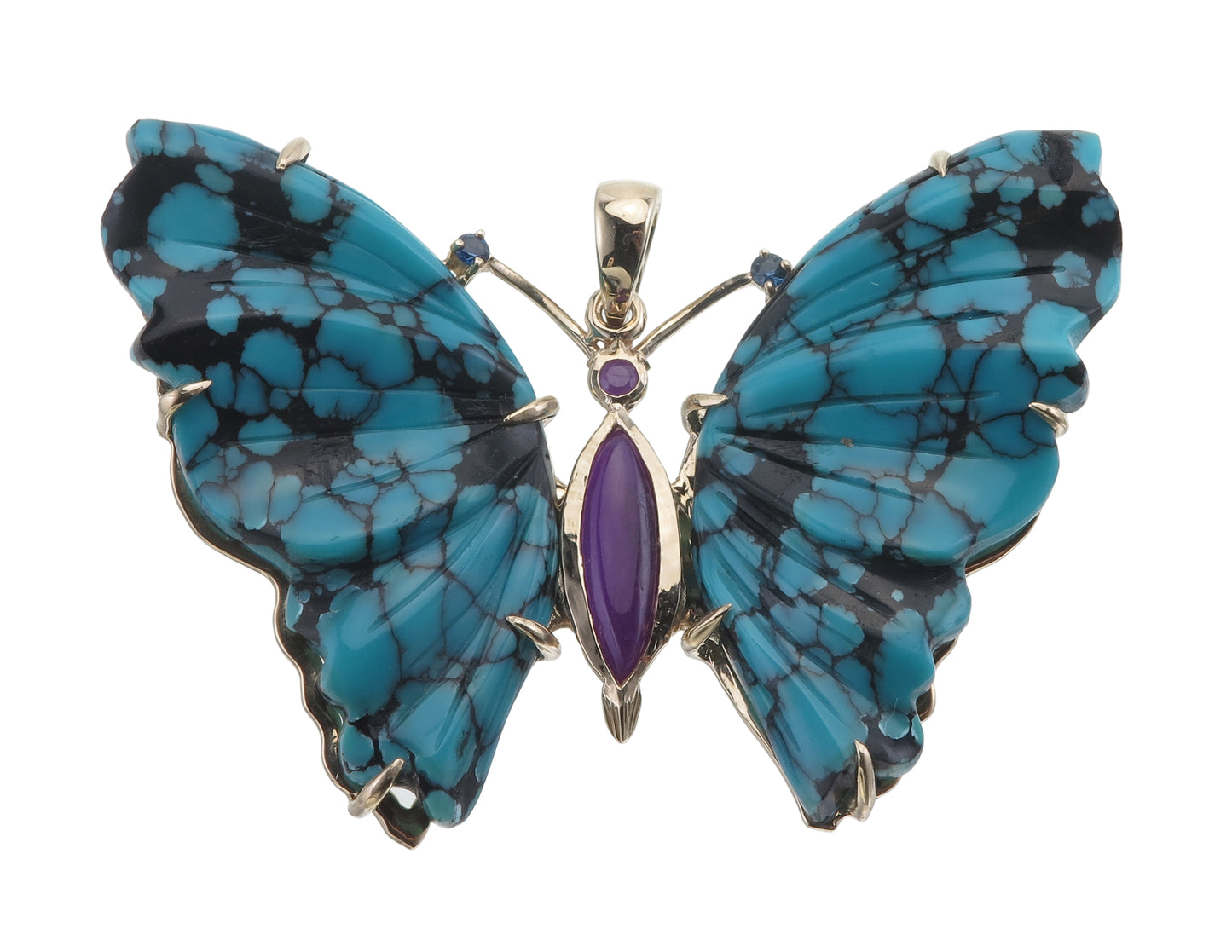 14k Gold Turquoise and Sugilite Butterfly Pendant