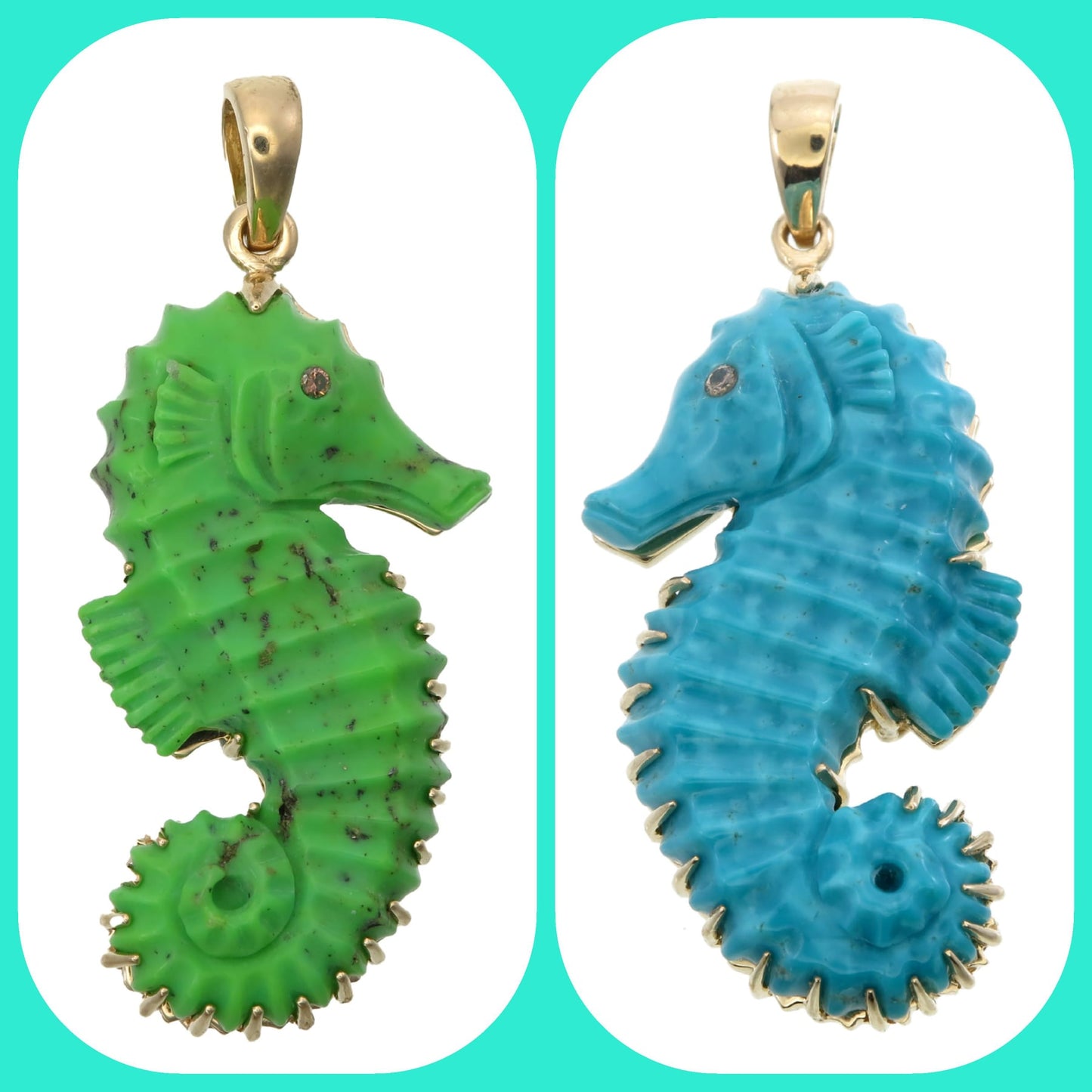 18k Gold Blue Turquoise Diamond Seahorse Pendant