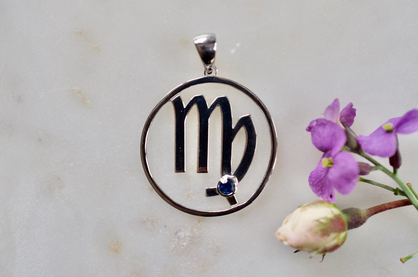 Virgo in silver with blue sapphire necklace