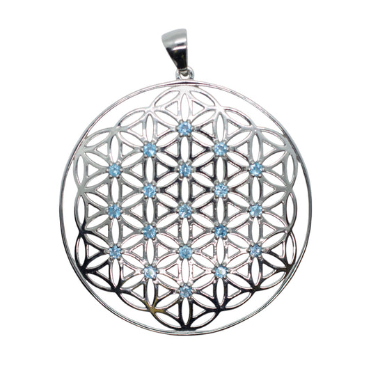 Swiss Blue Topaz XL Flower of Life Sterling Silver Necklace