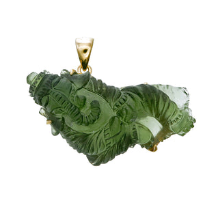 18K Gold Moldavite Reclining Ganesha Pendant Necklace