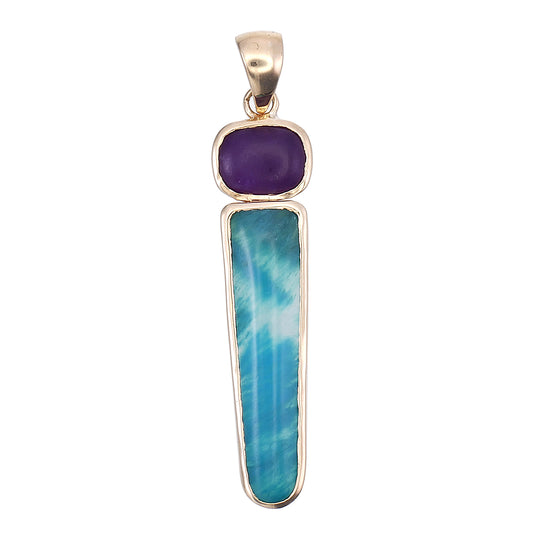 18k Gold Blue Gem Silica and Purple Sugilite Pendant Necklace