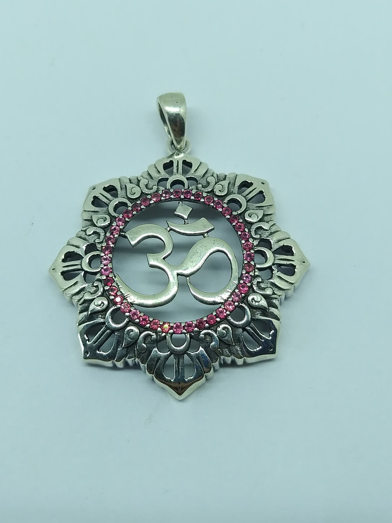 Gayatri Om Pink Sapphire Sterling Silver Pendant