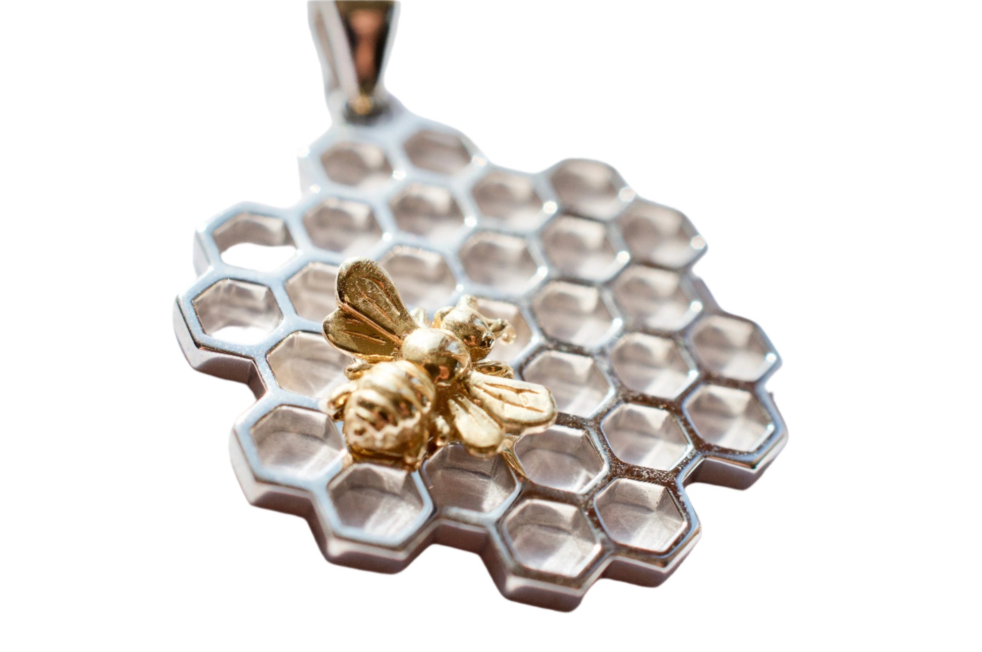 Silver Honeycomb and Gold Bee Necklace unique fine jewelry