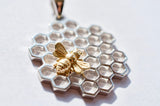 Silver Honeycomb and Gold Bee Necklace unique fine jewelry