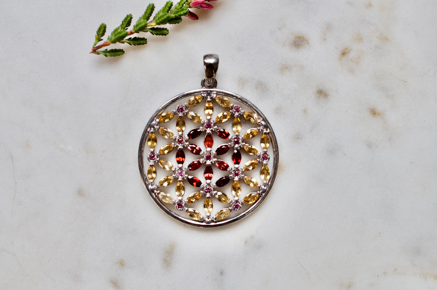 Marquis Flower of Life Sterling Silver Garnet, Citrine, Pink Sapphire Necklace