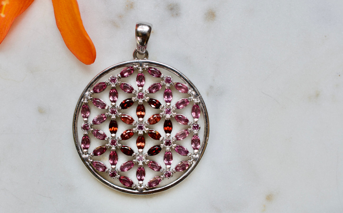 Marquis Flower of Life Sterling Silver Necklace Featuring Garnet and Rhodolite Garnet