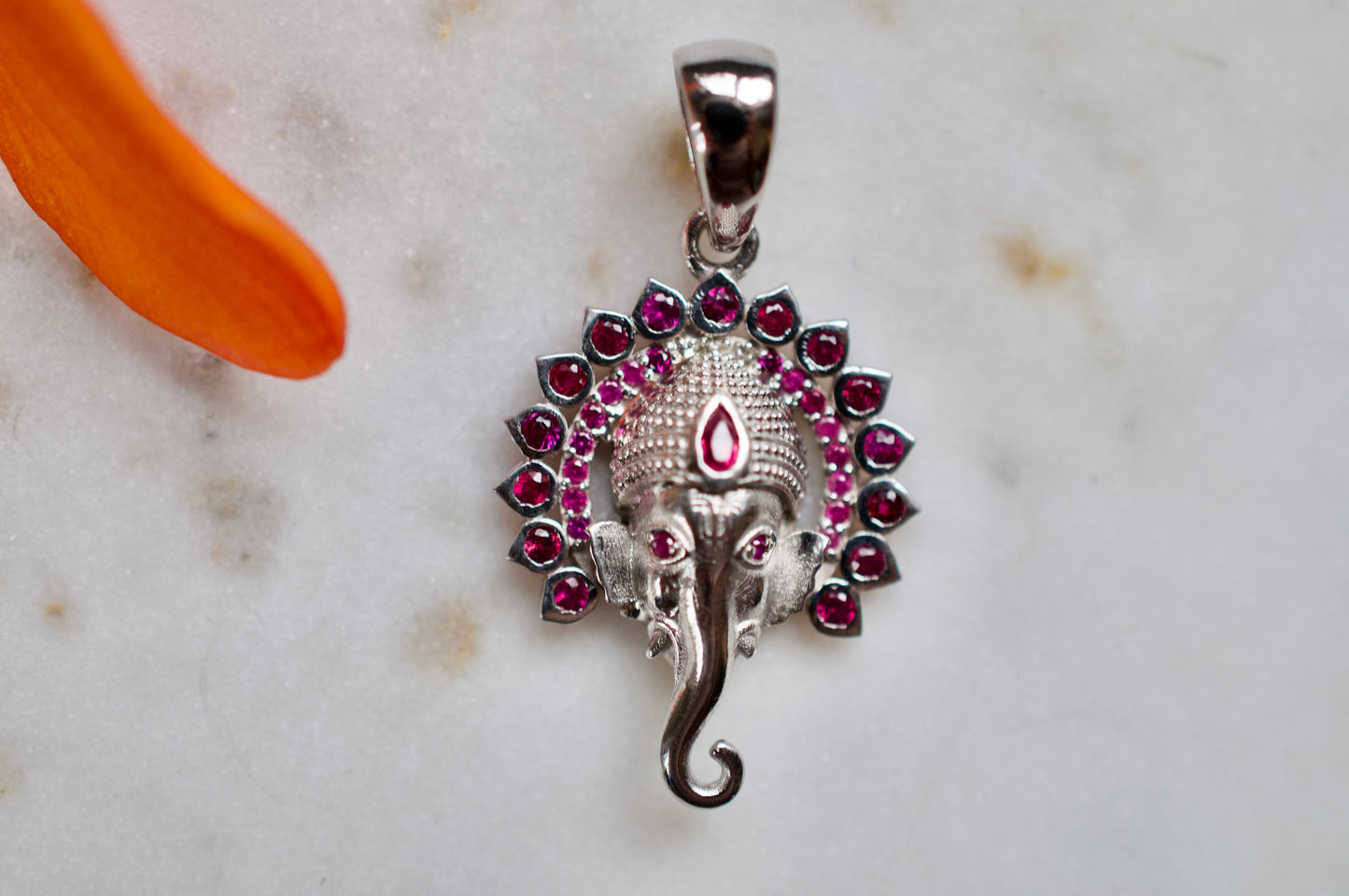 Small Jai Ganesha Sterling Silver Pendant with Rubies